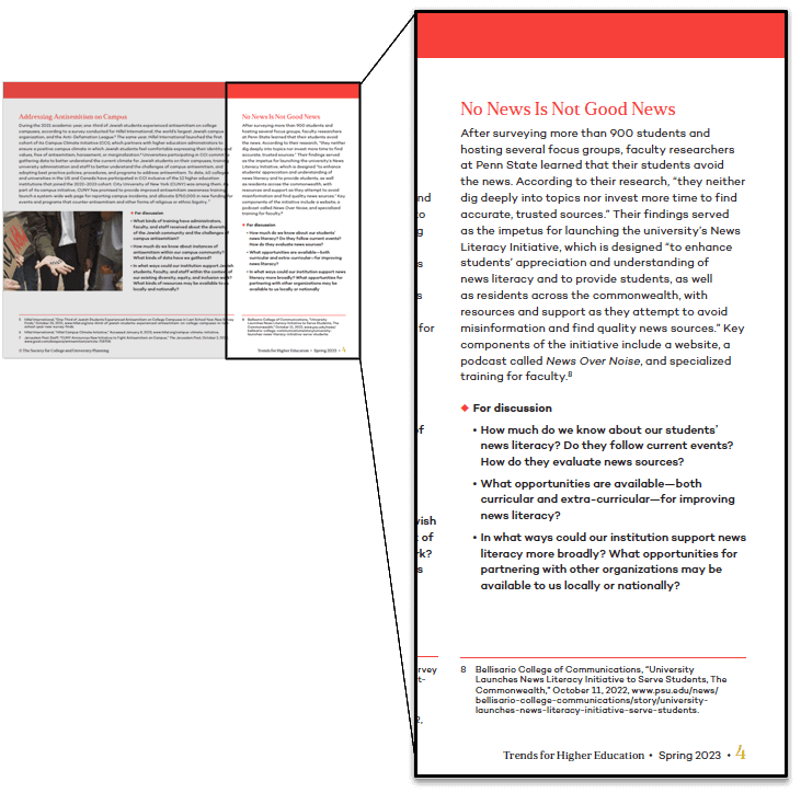 A sample page from an issue of Trends showing its editorial structure.